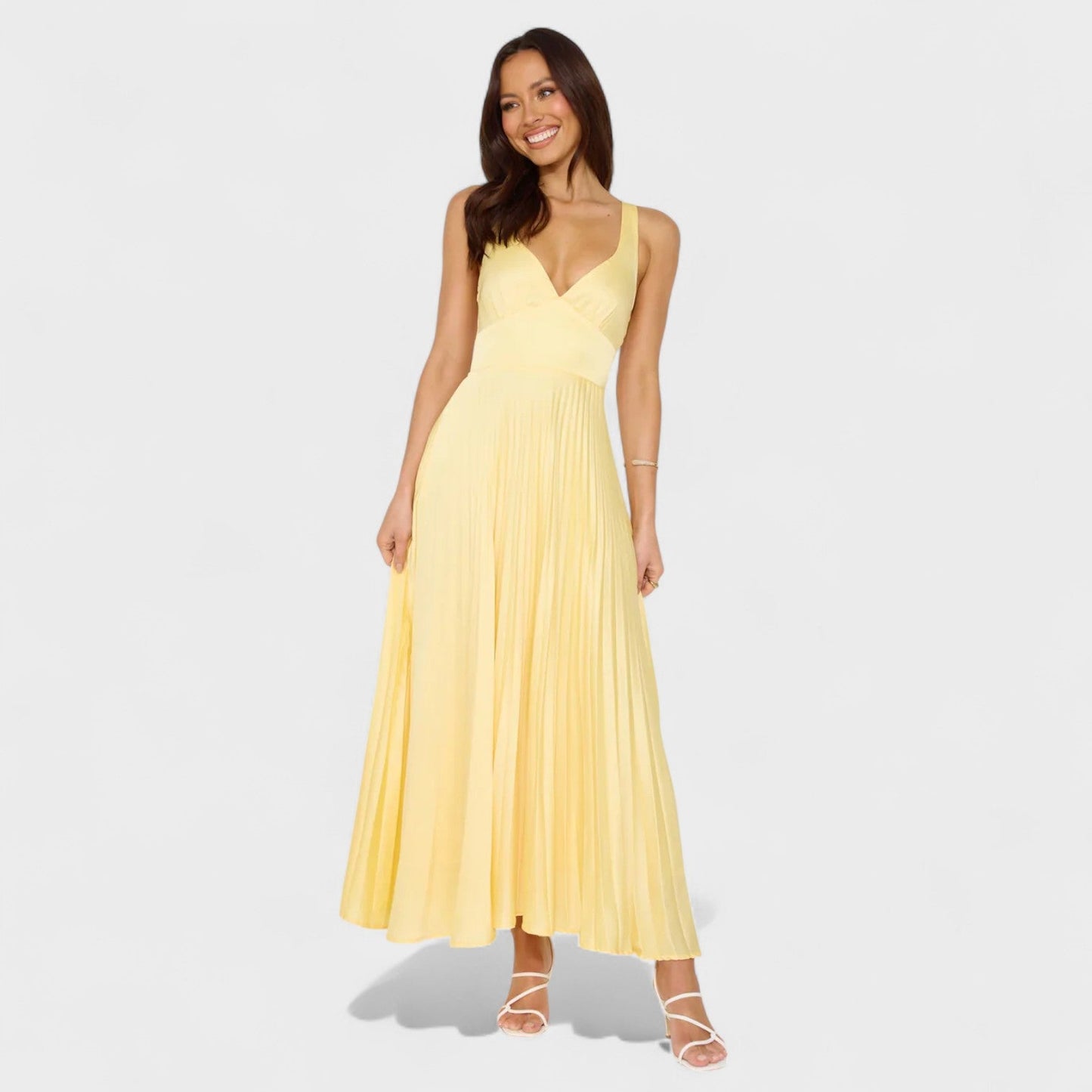 Solène – Vestido Plisado Midi Amarelo