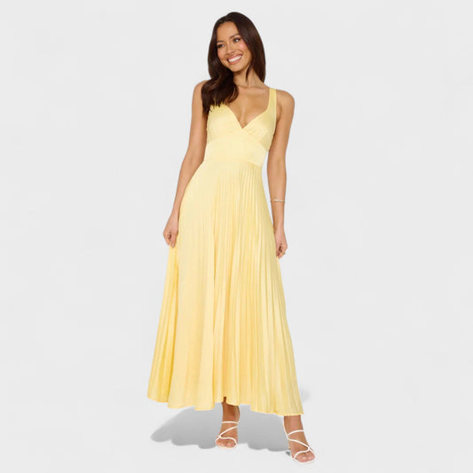 Solène – Vestido Plisado Midi Amarelo
