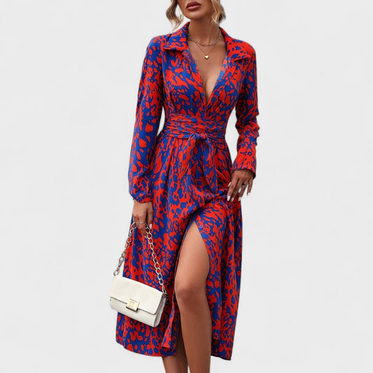 Vestido Camila – Estilo Animal Print Azul e Vermelho