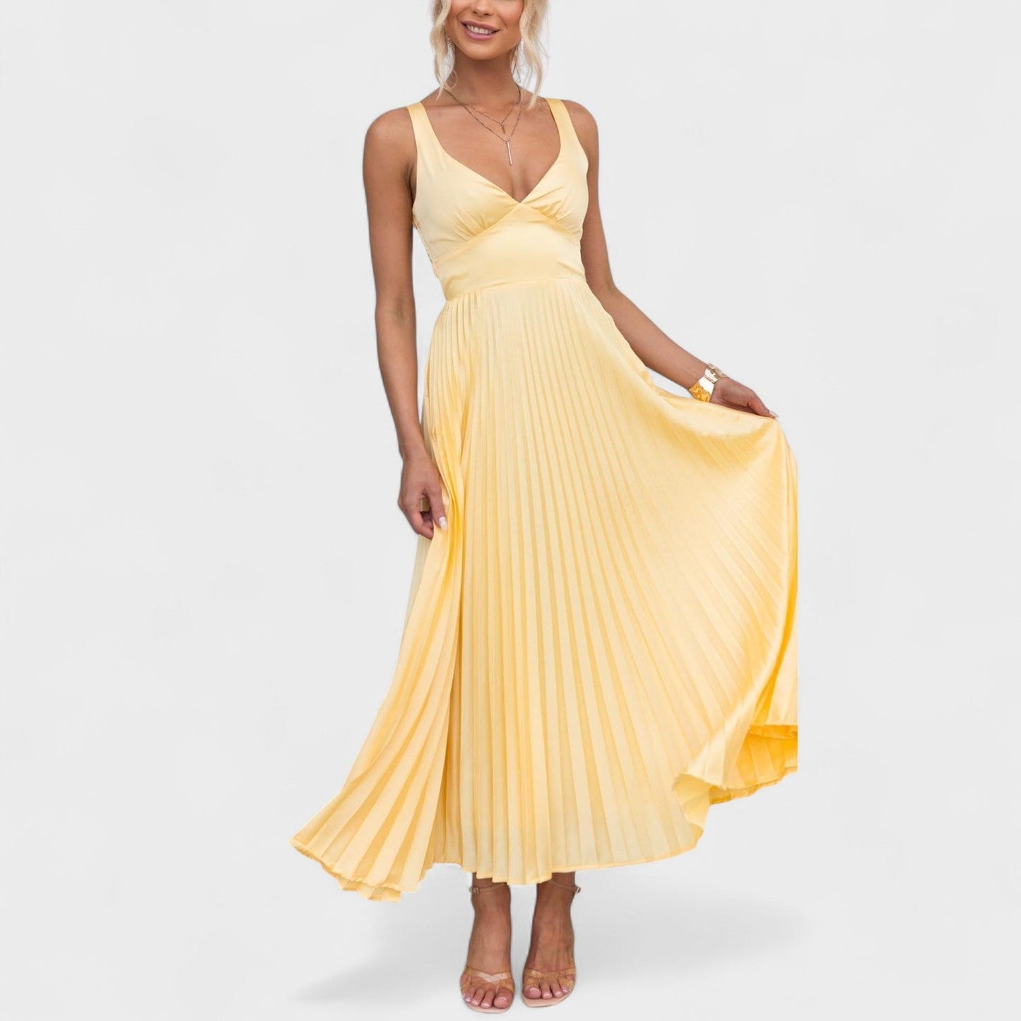 Aby - Vestido Maxi Amarillo Plisado con Escote en V