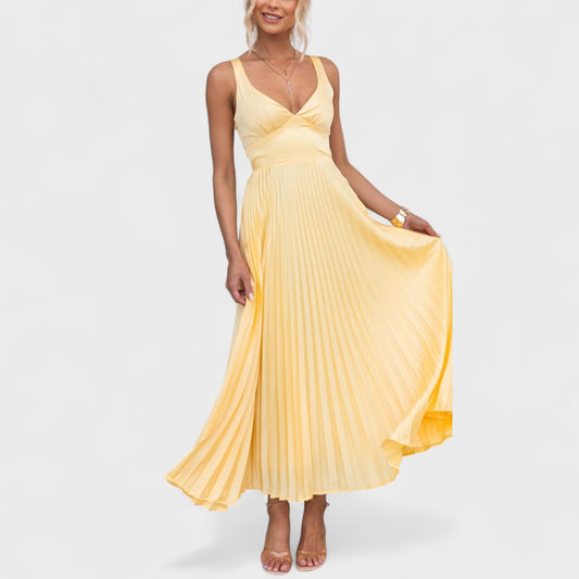 Aby - Vestido Maxi Amarillo Plisado con Escote en V