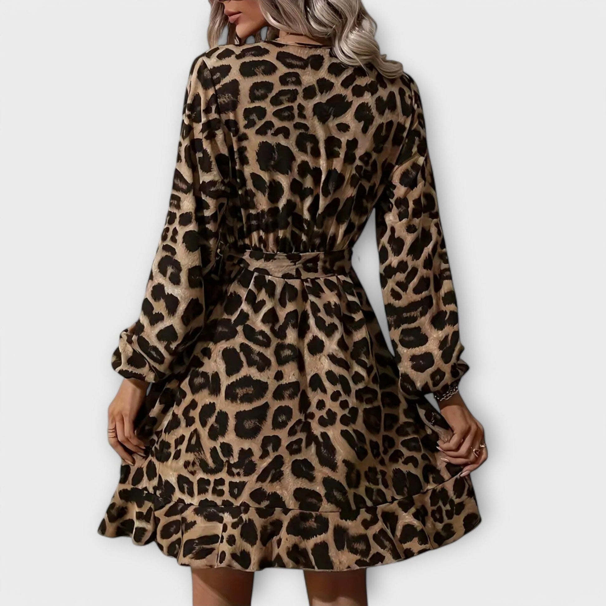 Elegante vestido de leopardo con escote en V y cinturón ajustable Elegante vestido de leopardo con escote en V y cinturón ajustable A minha loja