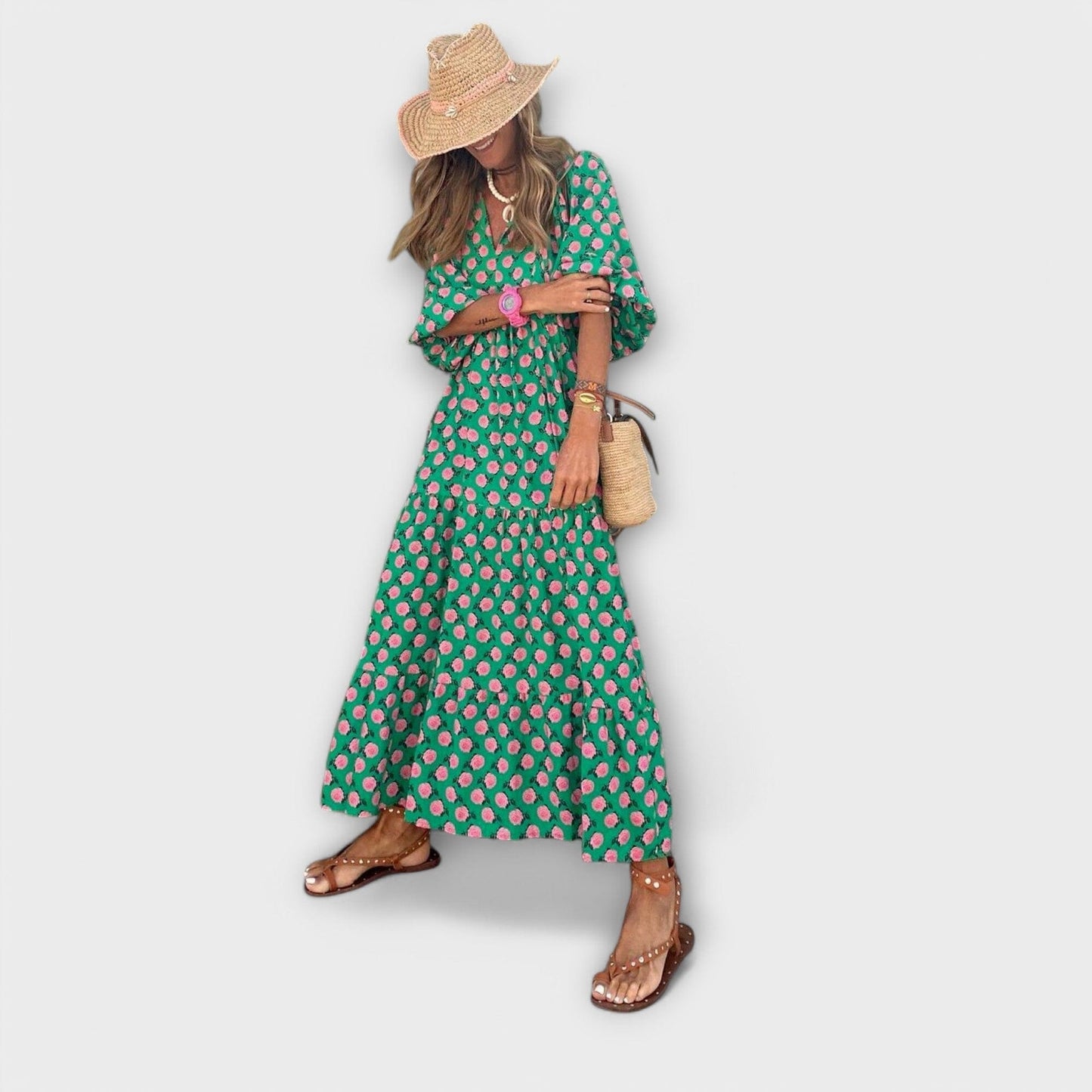 Elegante vestido largo con estampado geométrico Elegante vestido largo con estampado geométrico A minha loja