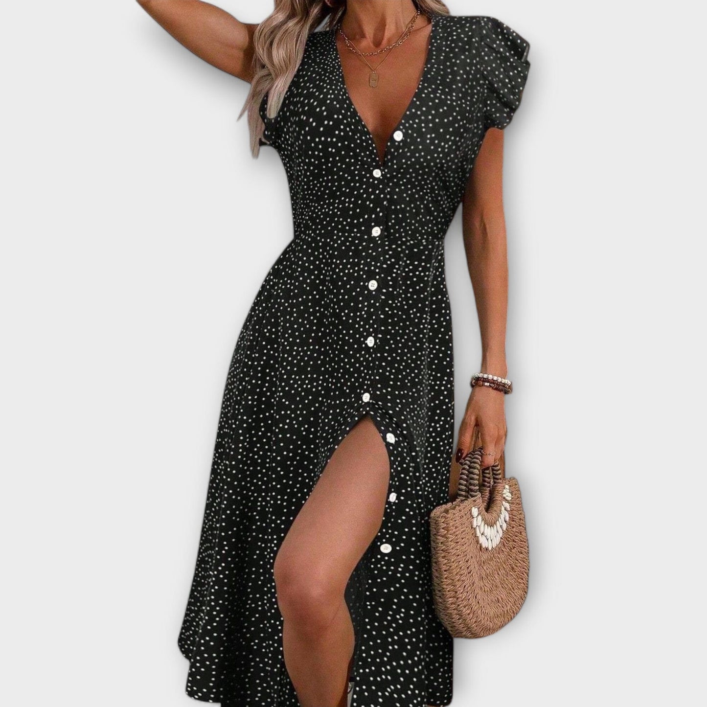 Elegante vestido midi de lunares Elegante vestido midi de lunares A minha loja Negro S