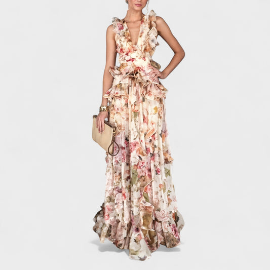 Isabela – Vestido Largo Floral con Volantes