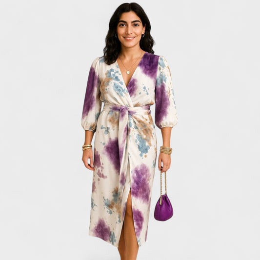 Larissa – Vestido cruzado con estampado artístico