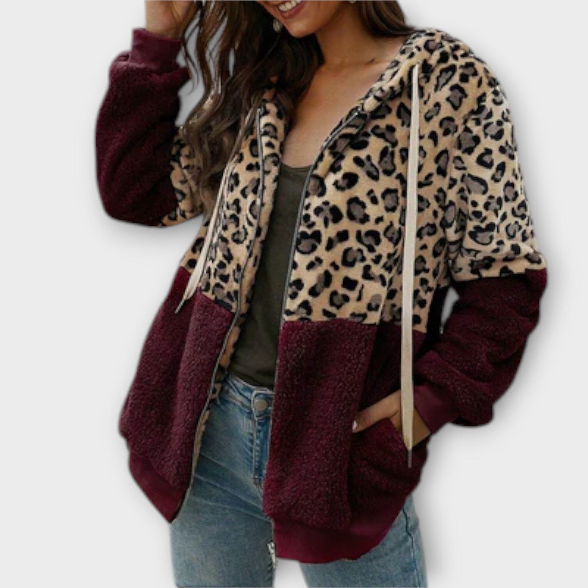 Lea – Sudadera con Capucha de Forro Polar y Diseño de Leopardo Lea – Sudadera con Capucha de Forro Polar y Diseño de Leopardo A minha loja Bordeaux S
