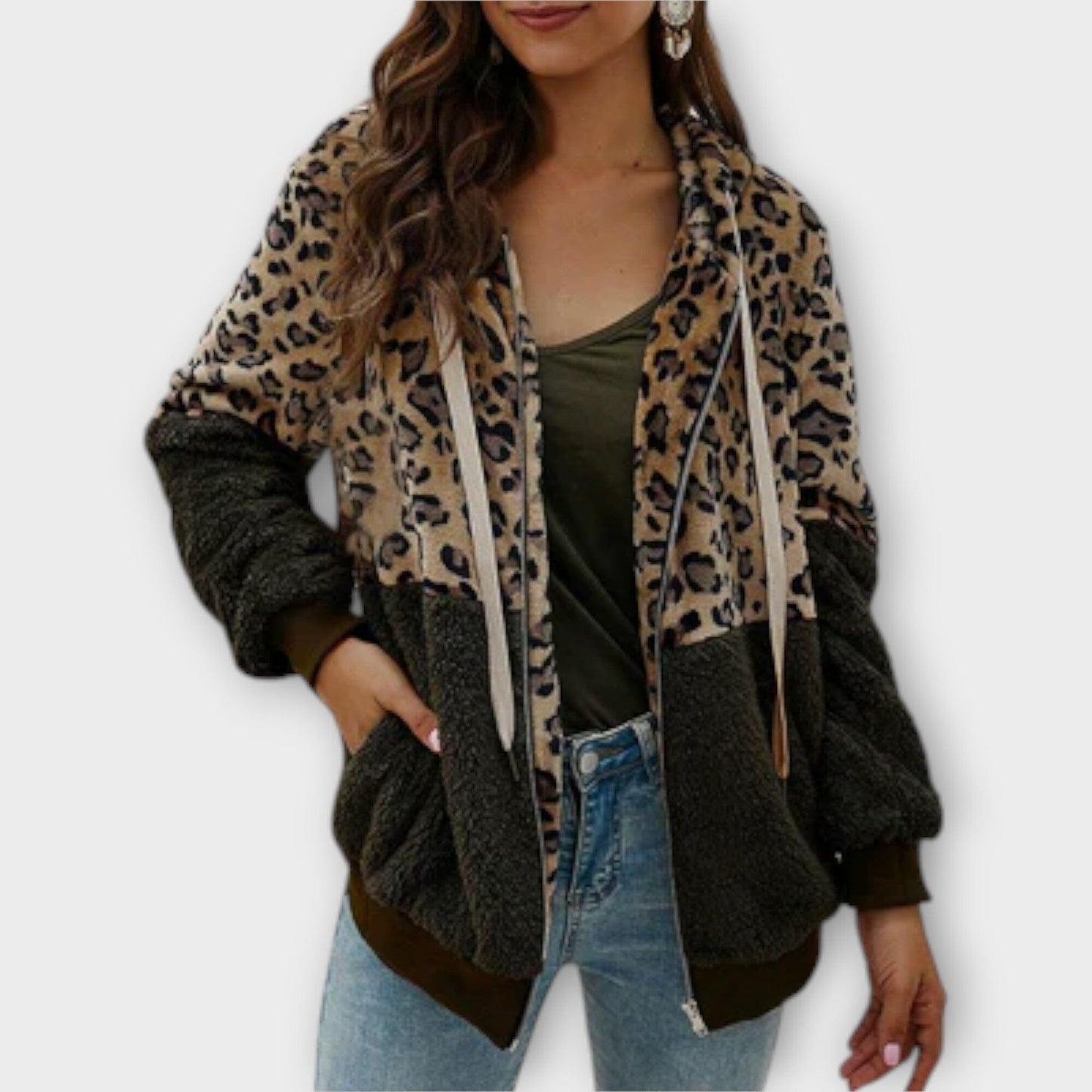 Lea – Sudadera con Capucha de Forro Polar y Diseño de Leopardo Lea – Sudadera con Capucha de Forro Polar y Diseño de Leopardo A minha loja Verde S