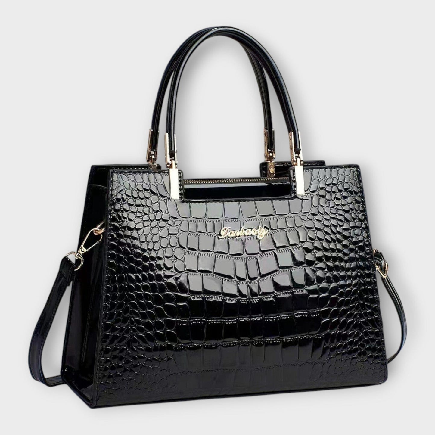 Rita. – Bolso de mano efecto cocodrilo brillante Rita. – Bolso de mano efecto cocodrilo brillante Rita Negro