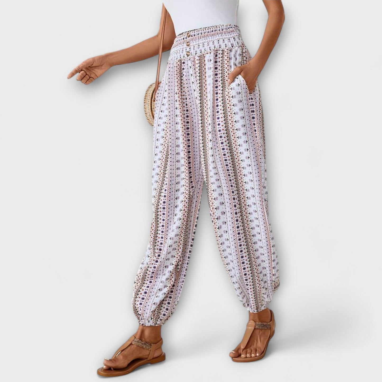 Scarlett – Pantalón con gráfico étnico Scarlett – Pantalón con gráfico étnico A minha loja Blanco XS