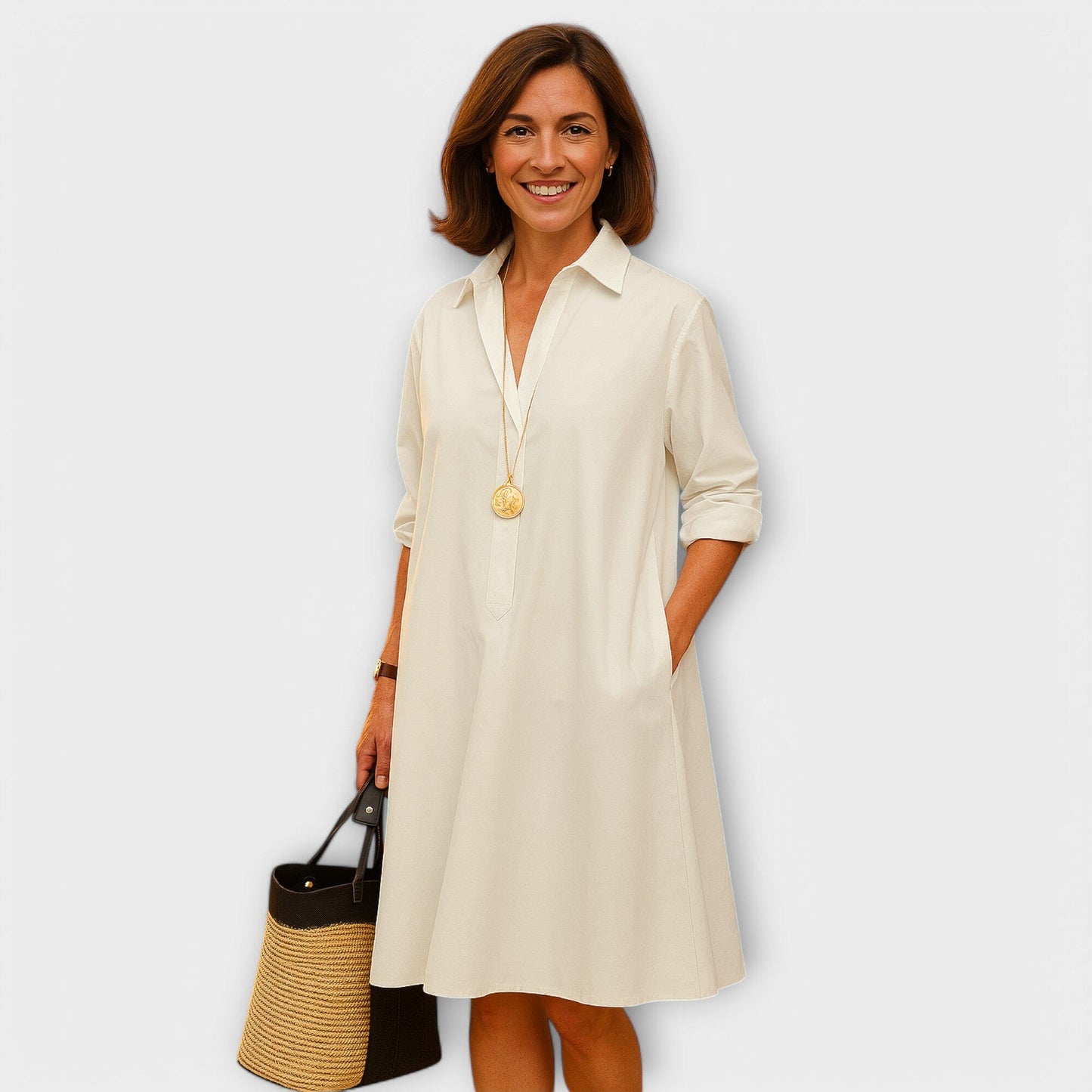 Vestido de camisa moderno con cuello y mangas tres cuartos Vestido de camisa moderno con cuello y mangas tres cuartos A minha loja Blanco XS