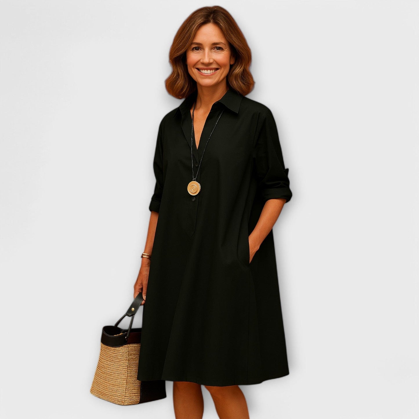 Vestido de camisa moderno con cuello y mangas tres cuartos Vestido de camisa moderno con cuello y mangas tres cuartos A minha loja Negro XS