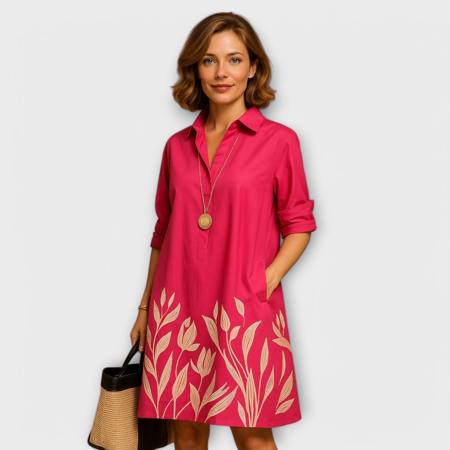 Vestido de camisa moderno con cuello y mangas tres cuartos Vestido de camisa moderno con cuello y mangas tres cuartos A minha loja Pink XS