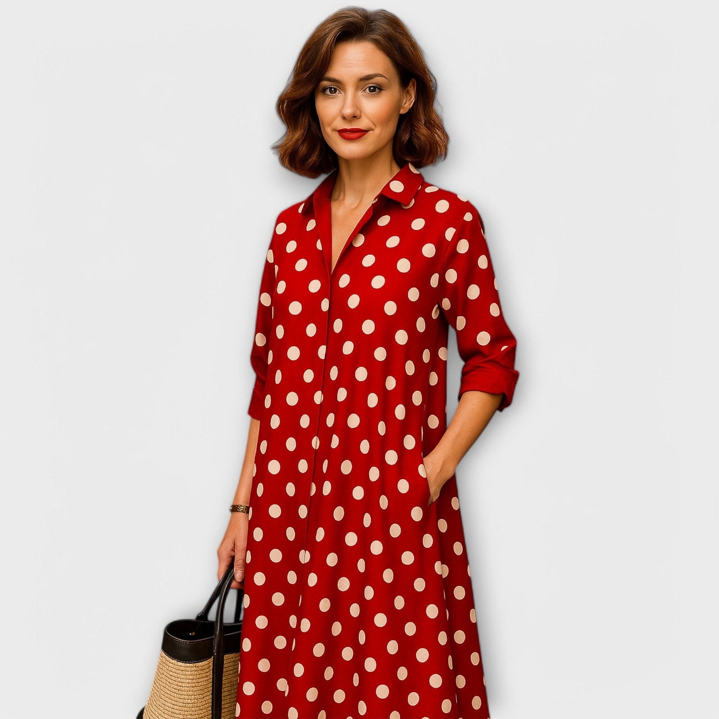 Vestido de camisa moderno con cuello y mangas tres cuartos Vestido de camisa moderno con cuello y mangas tres cuartos A minha loja Rotweiß XS