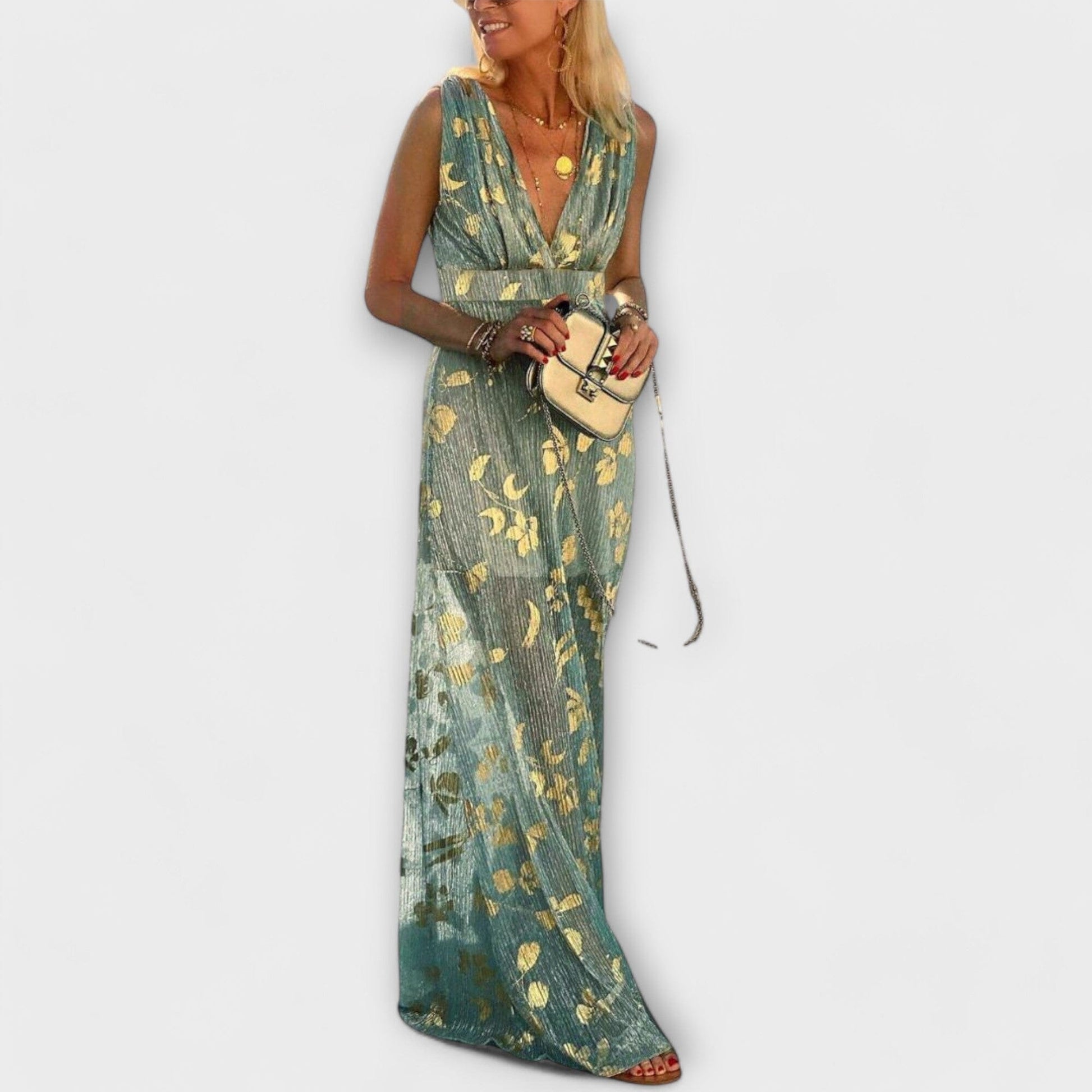 Vestido fluido con escote en V y detalles de lentejuelas Vestido fluido con escote en V y detalles de lentejuelas A minha loja Azul XS