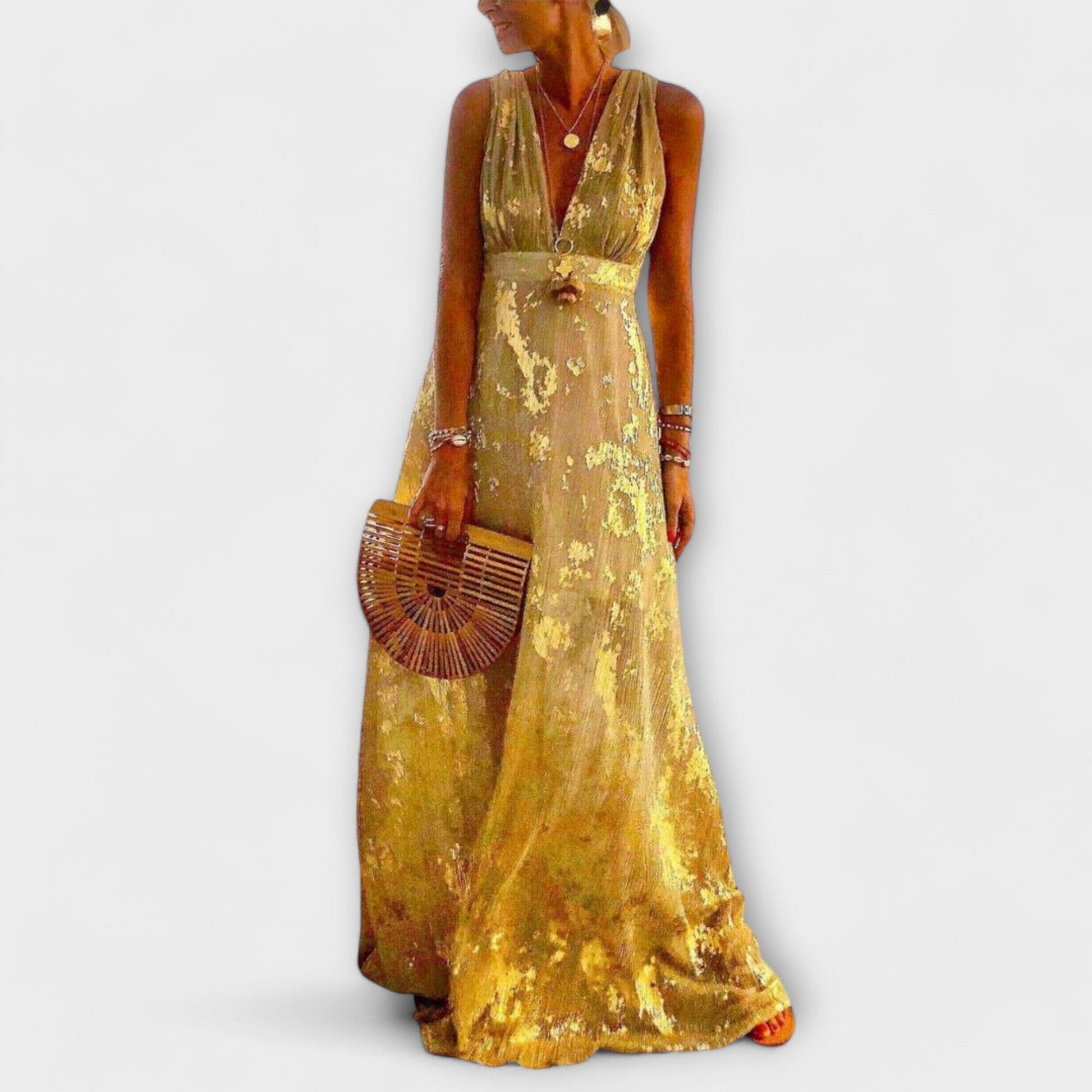 Vestido fluido con escote en V y detalles de lentejuelas Vestido fluido con escote en V y detalles de lentejuelas A minha loja Gelb XS