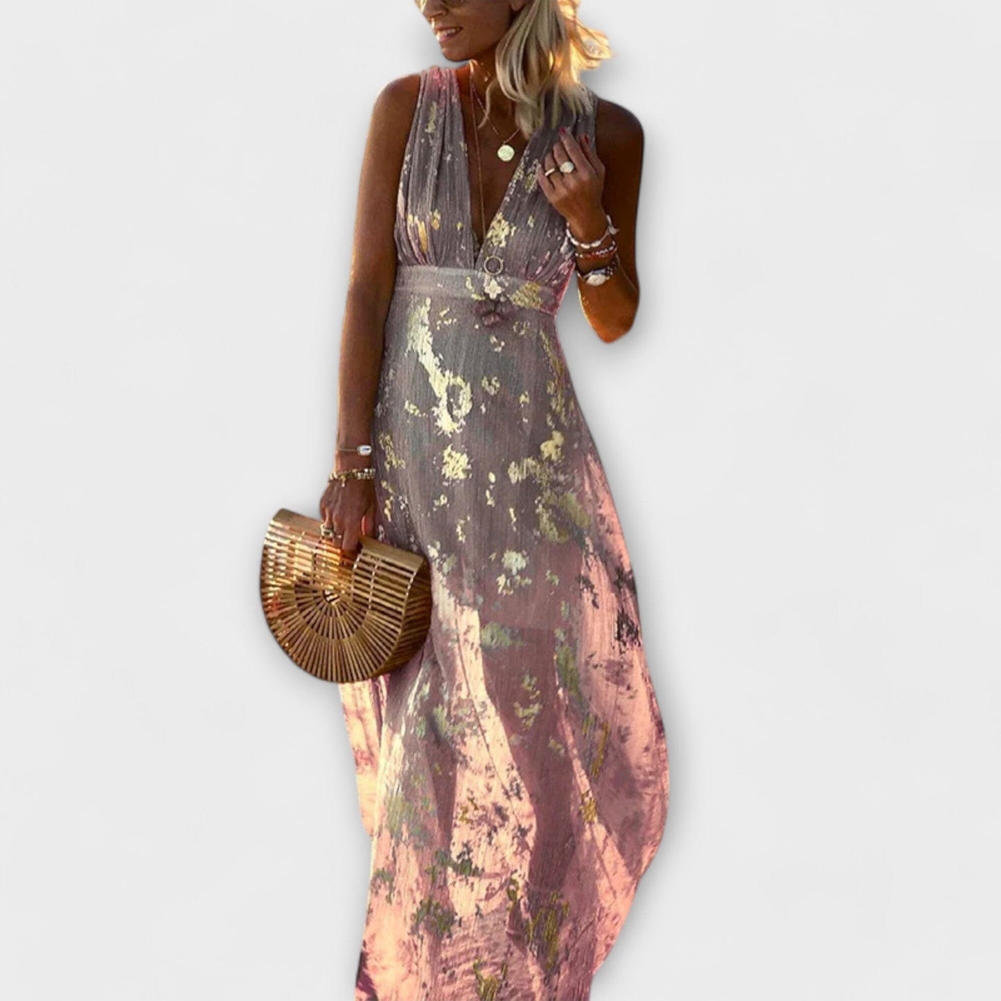Vestido fluido con escote en V y detalles de lentejuelas Vestido fluido con escote en V y detalles de lentejuelas A minha loja Pink XS