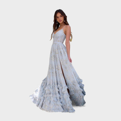 Florencia – Vestido largo bohemio con abertura y volantes.