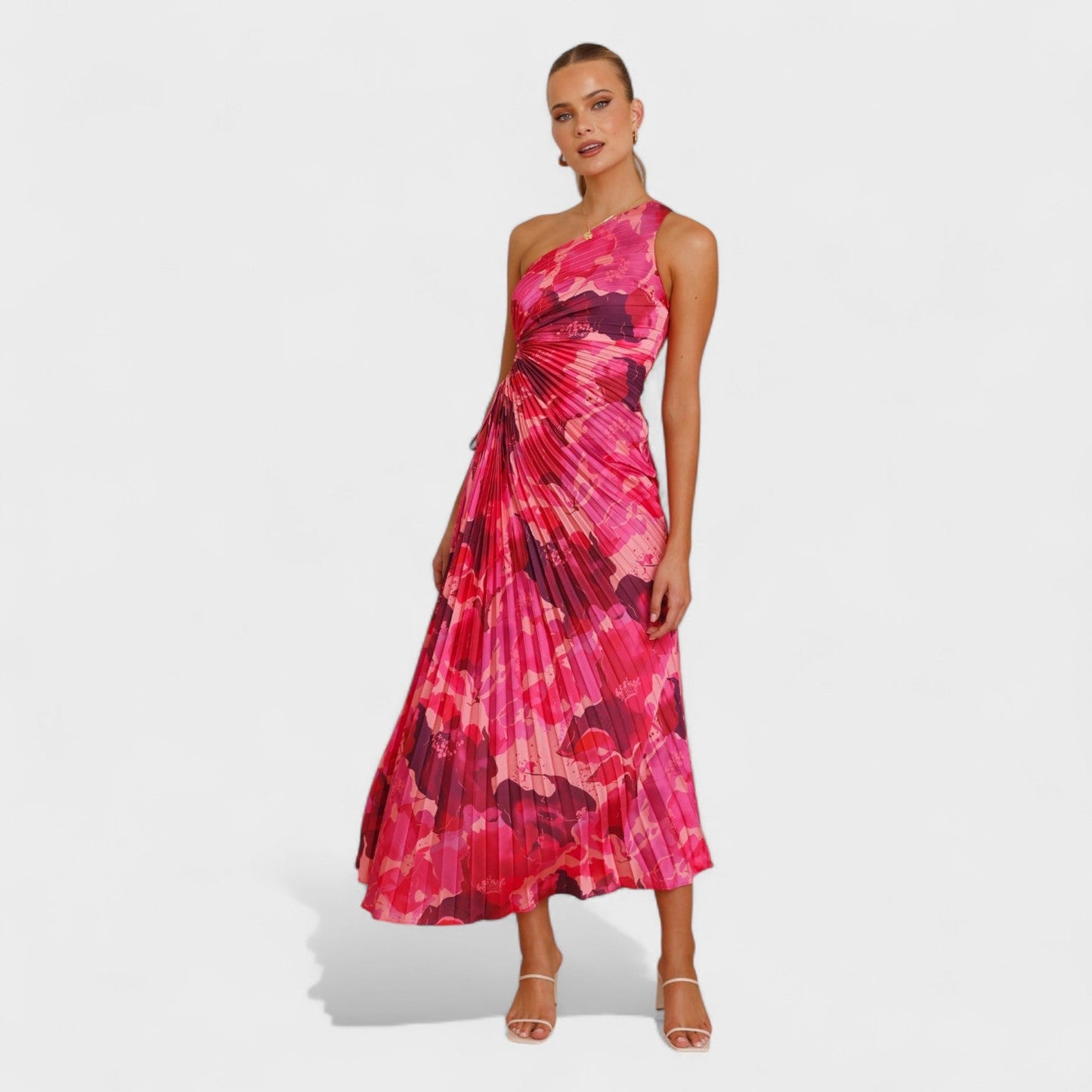 Maribel – Vestido Asimétrico Plisado Floral