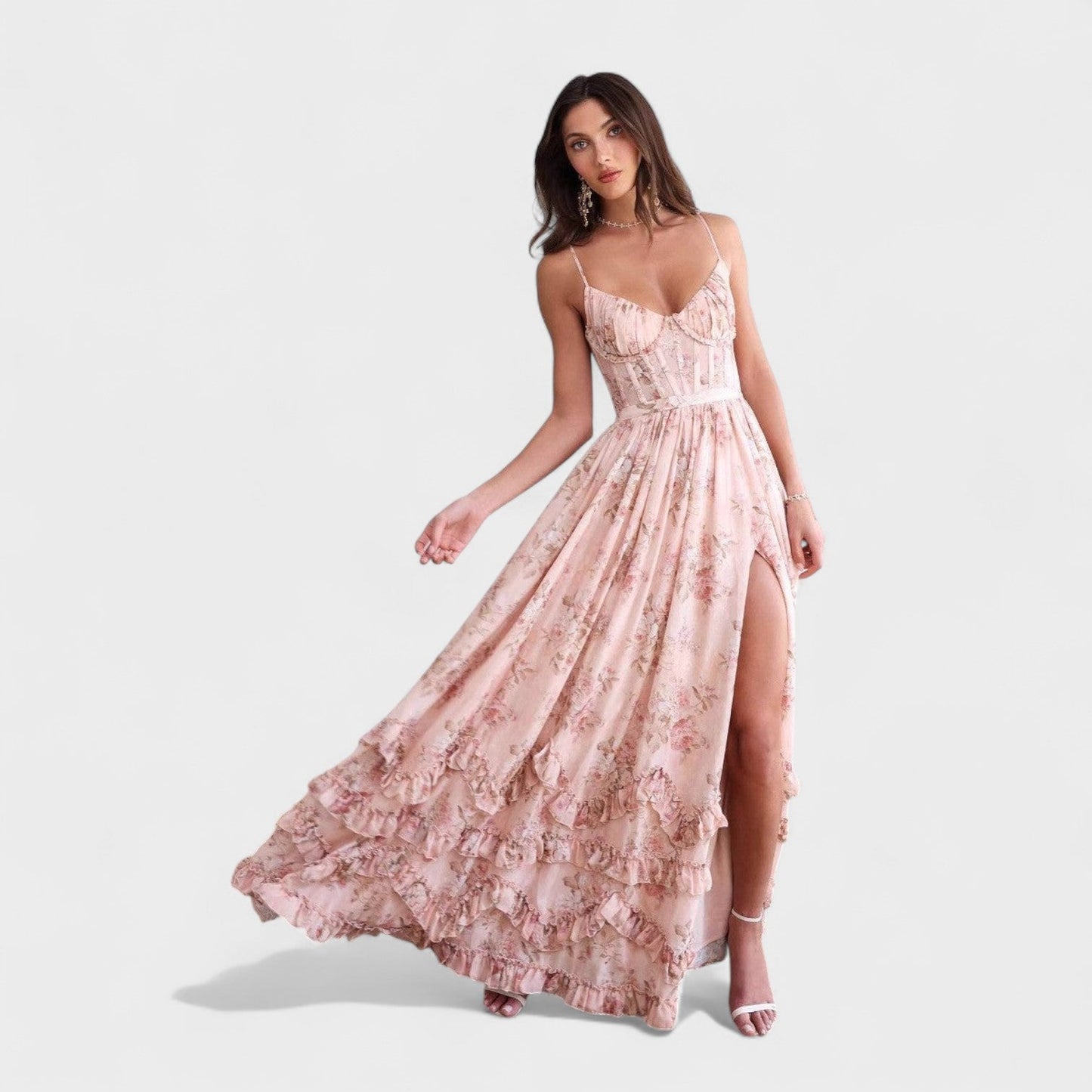 Florencia – Vestido largo bohemio con abertura y volantes.