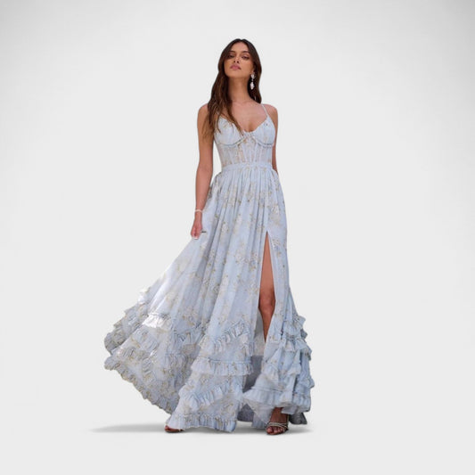Florencia – Vestido largo bohemio con abertura y volantes.