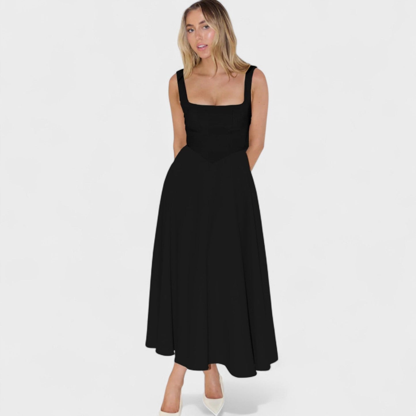 Maribel – Vestido Midi con Escote Cuadrado