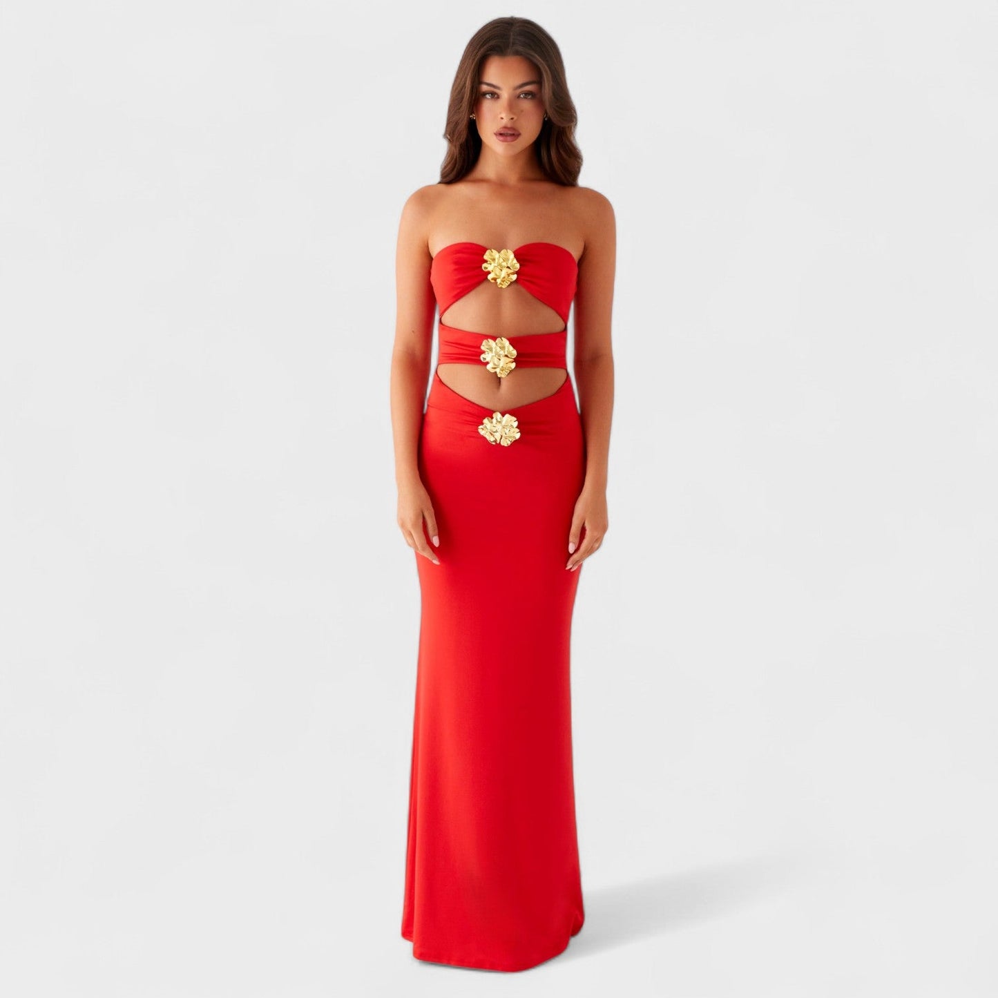 Vestido Jimena – Maxi Cut-Out Rojo con Flores Doradas