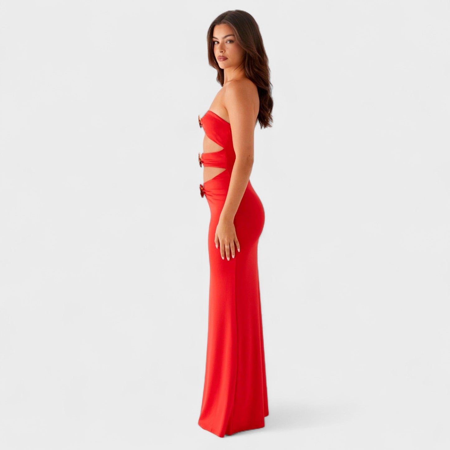 Vestido Jimena – Maxi Cut-Out Rojo con Flores Doradas
