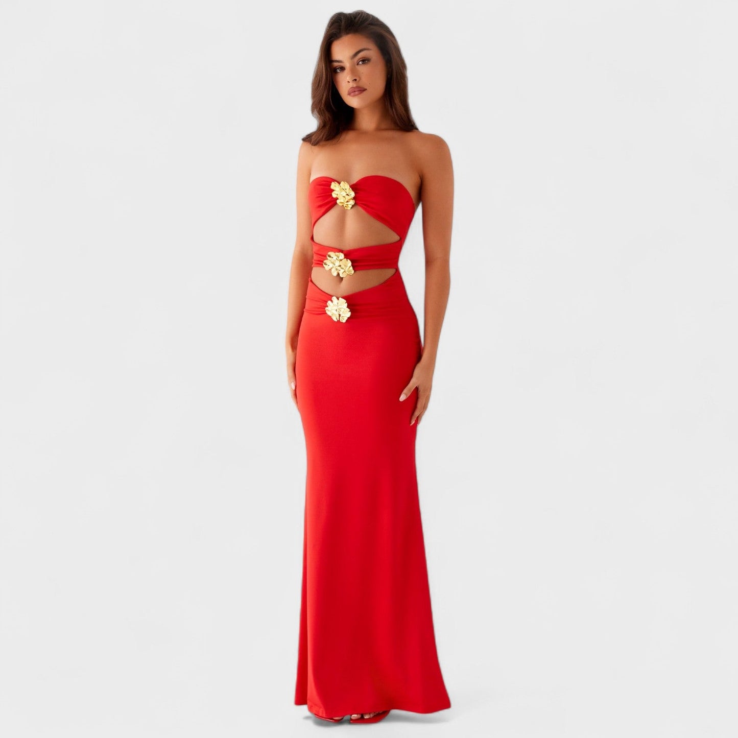 Vestido Jimena – Maxi Cut-Out Rojo con Flores Doradas