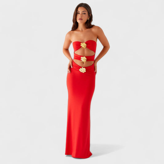 Vestido Jimena – Maxi Cut-Out Rojo con Flores Doradas