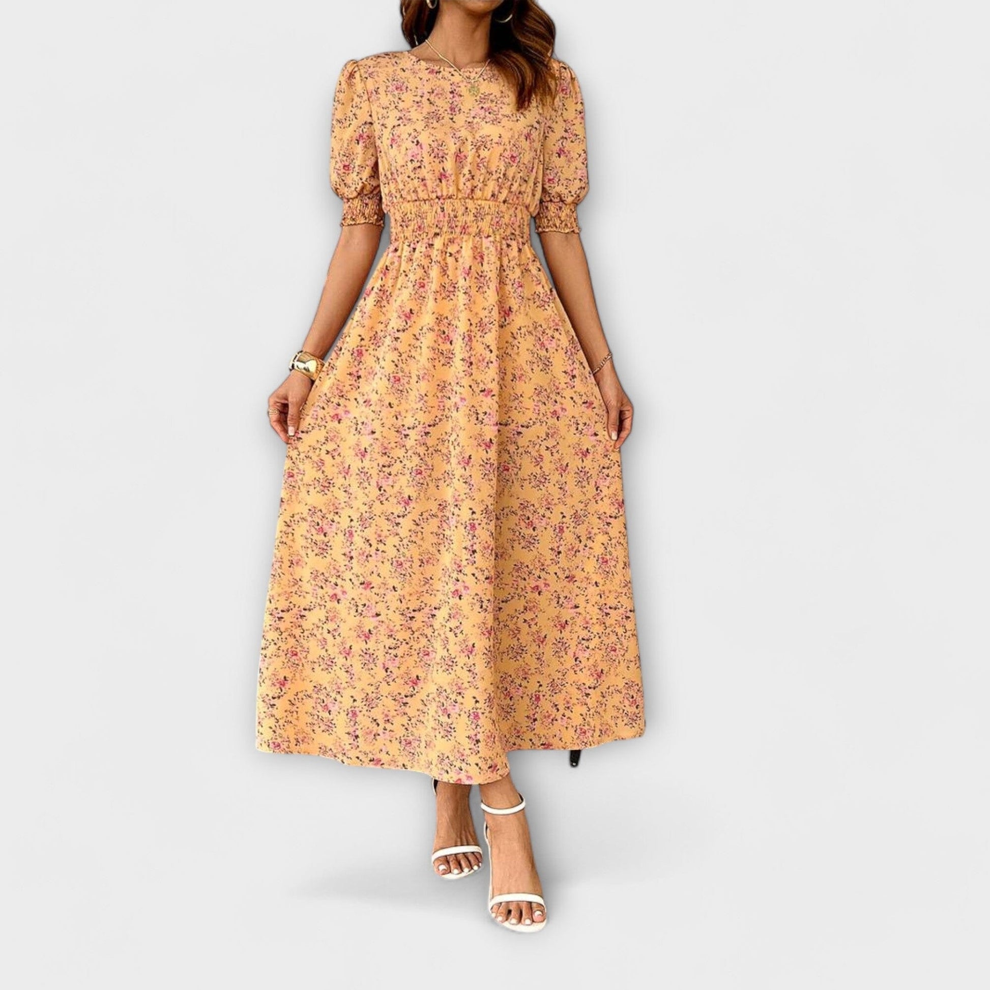 Amelia – Vestido con escote redondo y estampado floral Amelia – Vestido con escote redondo y estampado floral A minha loja Naranja XS 