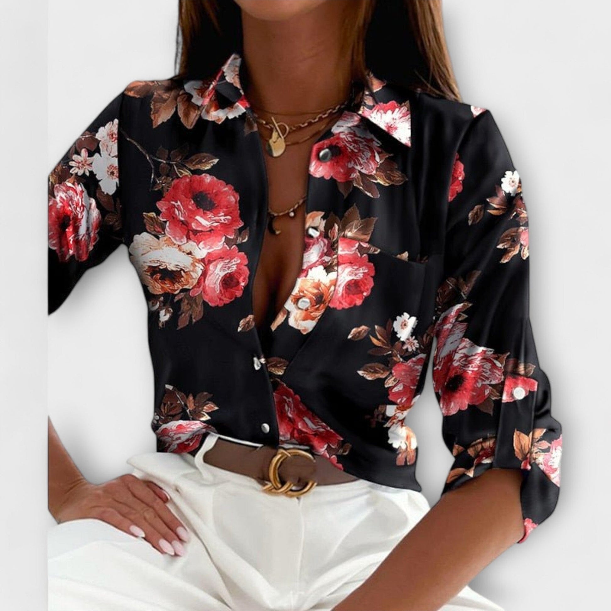 Blusa con Cuello Clásico Blusa con Cuello Clásico A minha loja Schwarze und rosa Blumen S 