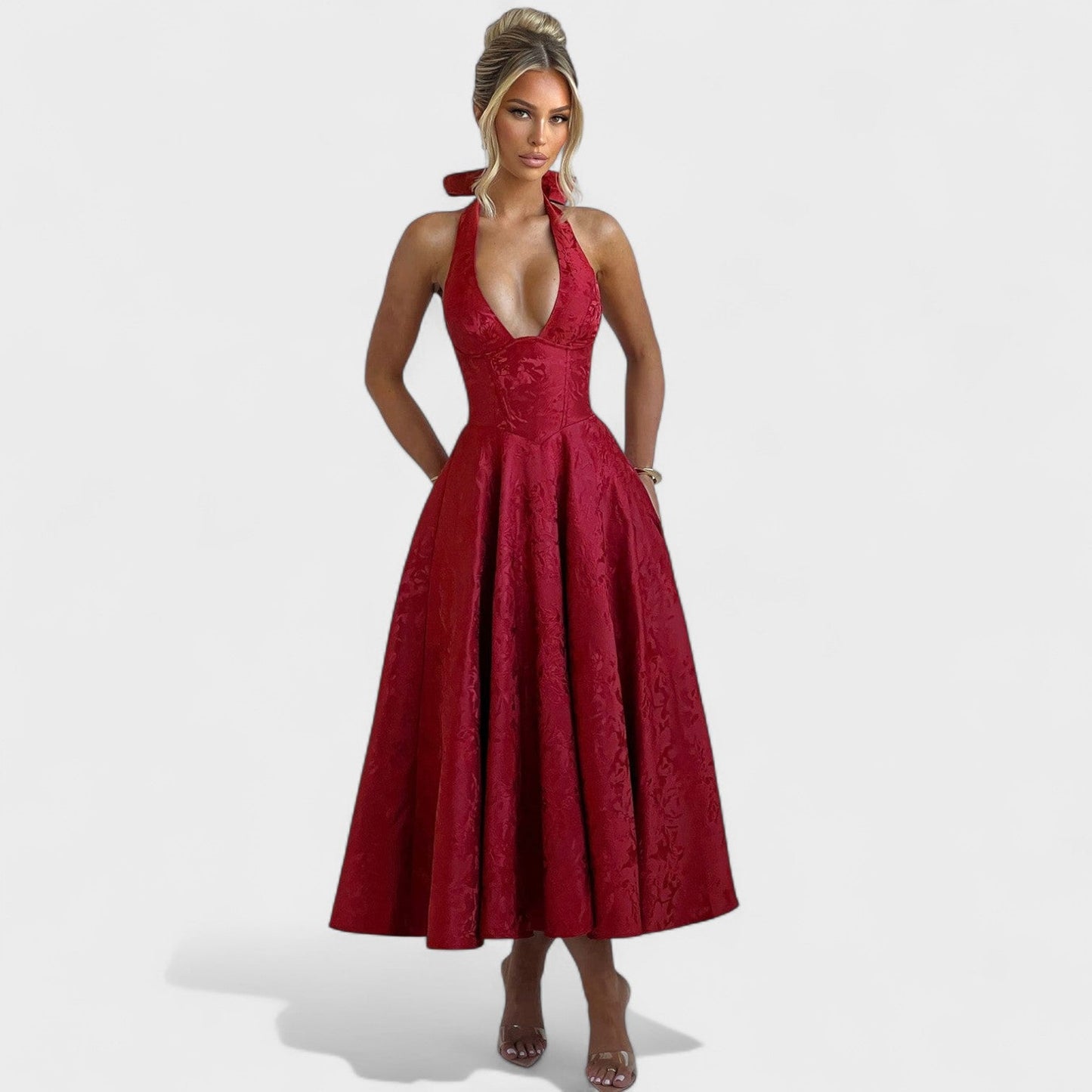 Effie – Vestido Midi Texturizado con Escote Halter