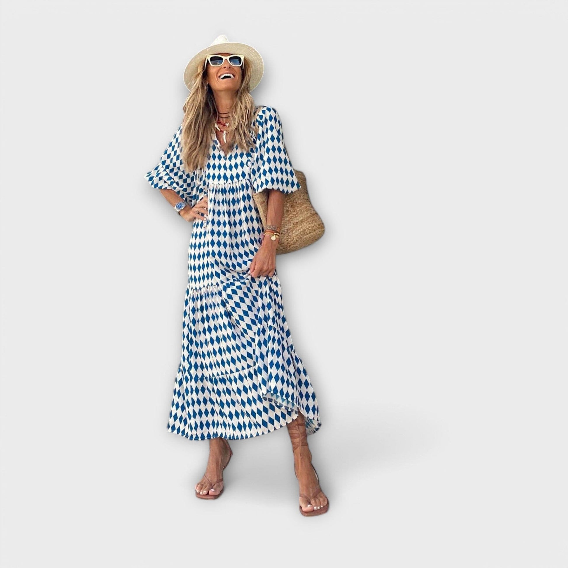 Elegante vestido largo con estampado geométrico Elegante vestido largo con estampado geométrico A minha loja Azul S 