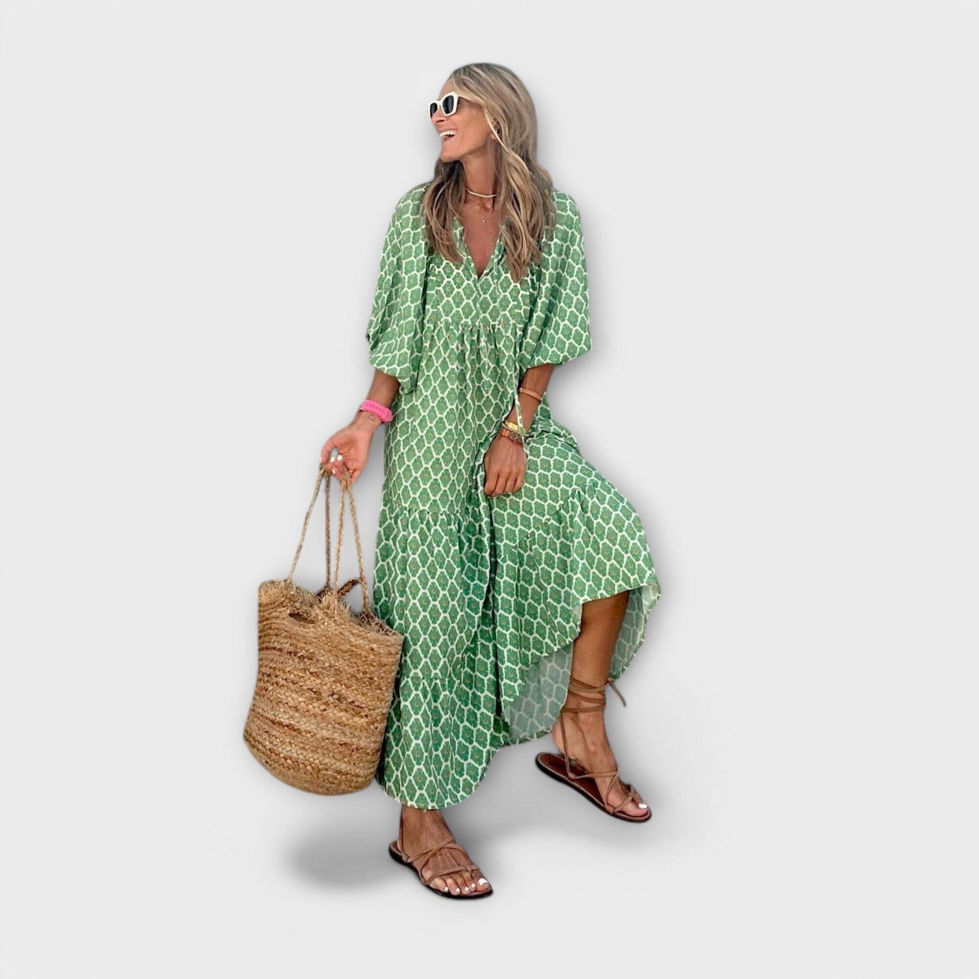 Elegante vestido largo con estampado geométrico Elegante vestido largo con estampado geométrico A minha loja Verde S 