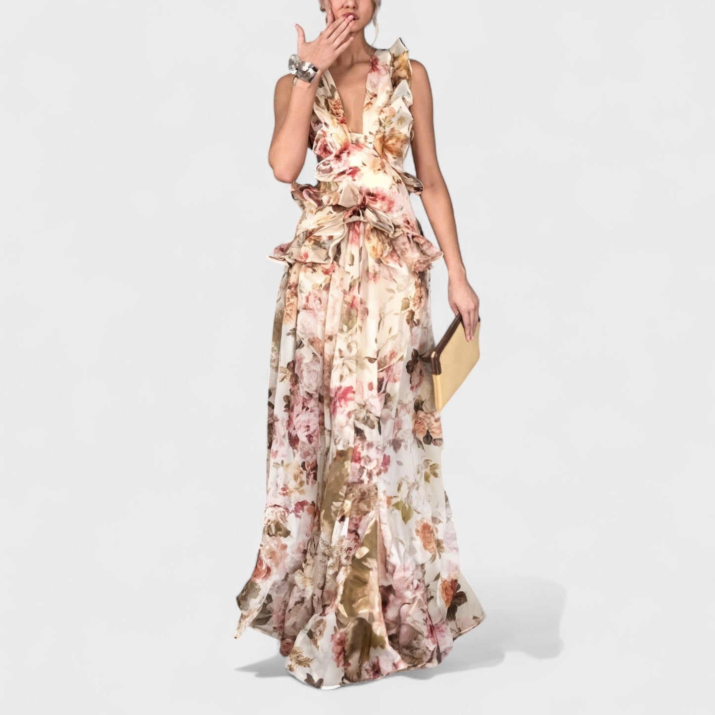 Isabela – Vestido Largo Floral con Volantes