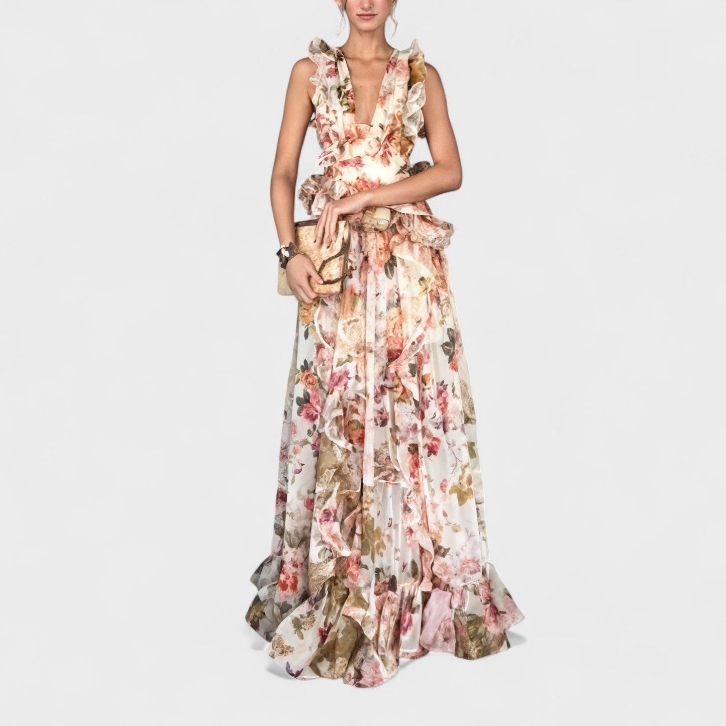 Isabela – Vestido Largo Floral con Volantes