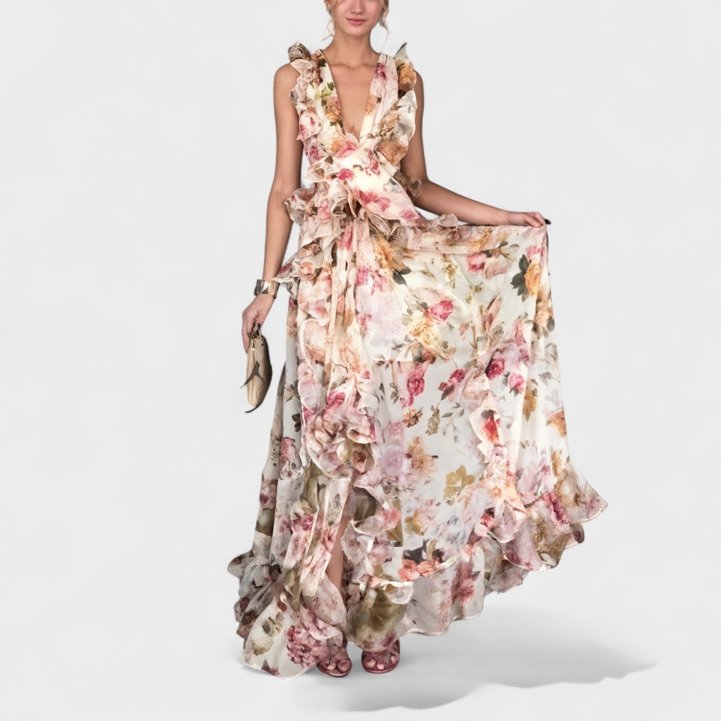 Isabela – Vestido Largo Floral con Volantes