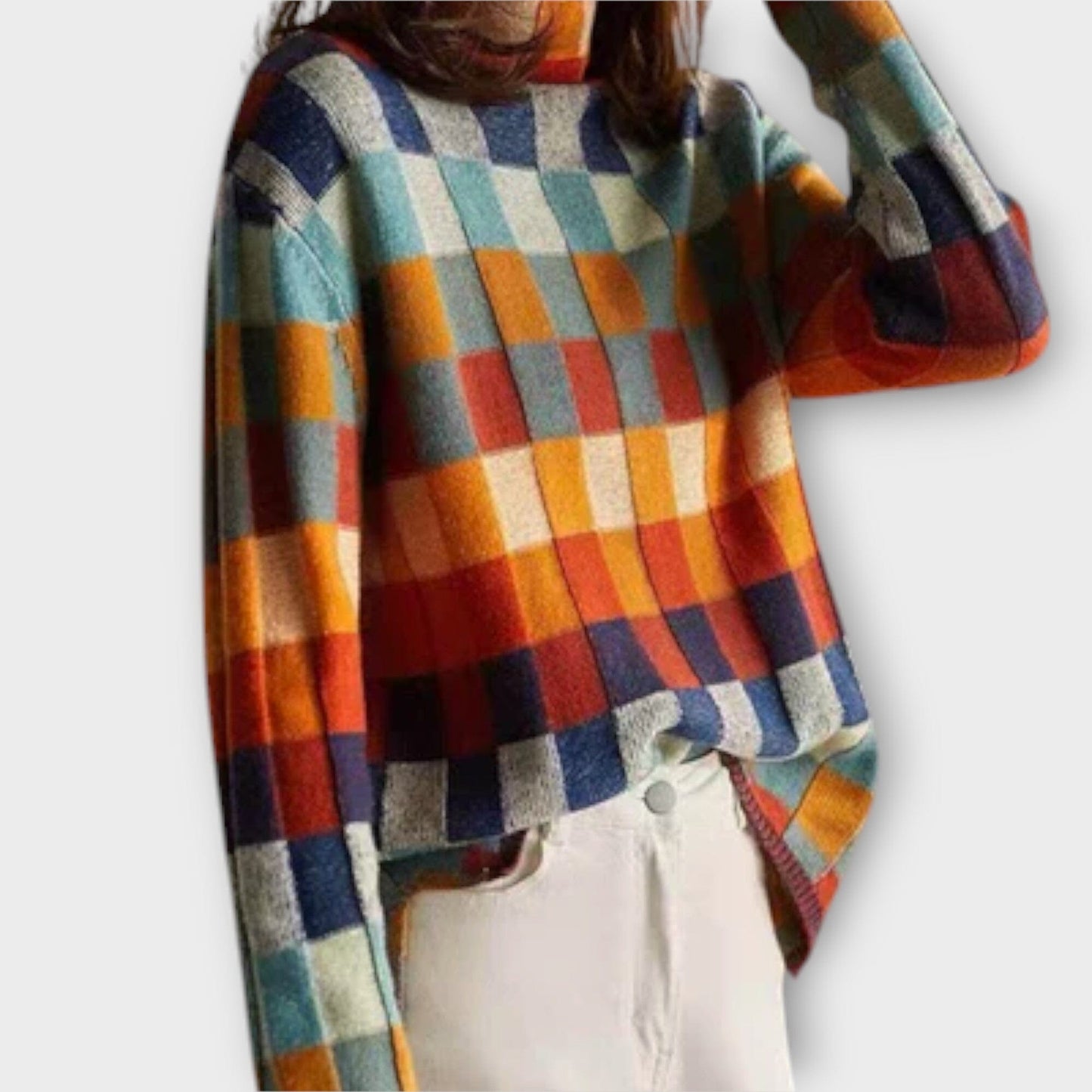 Erika – Suéter de Cuello Alto con Diseño Patchwork Erika – Suéter de Cuello Alto con Diseño Patchwork A minha loja 