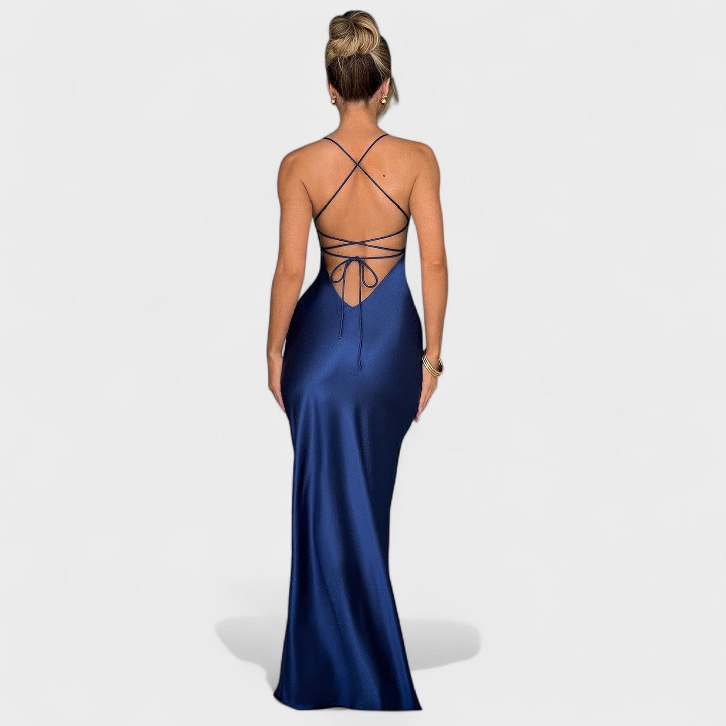 Elena – Vestido Satén Cruzado Azul Medianoche