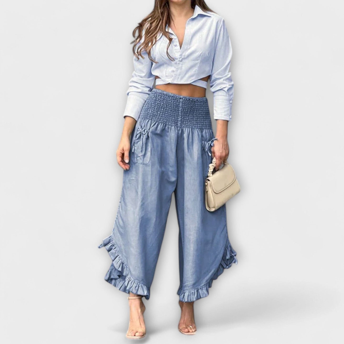 Jaya – Pantalón de lino relajado con pliegues modernos Jaya – Pantalón de lino relajado con pliegues modernos A minha loja Azul S 