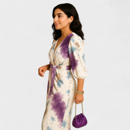 Larissa – Vestido cruzado con estampado artístico