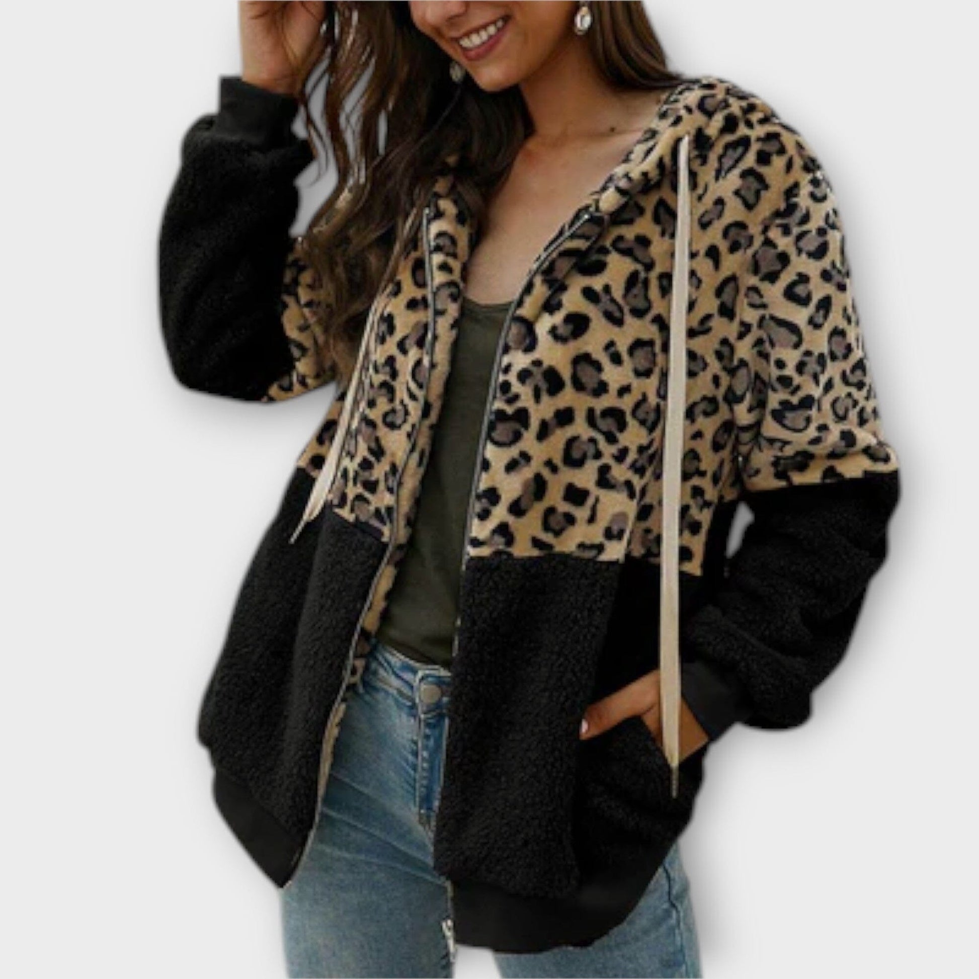 Lea – Sudadera con Capucha de Forro Polar y Diseño de Leopardo Lea – Sudadera con Capucha de Forro Polar y Diseño de Leopardo A minha loja Negro S 