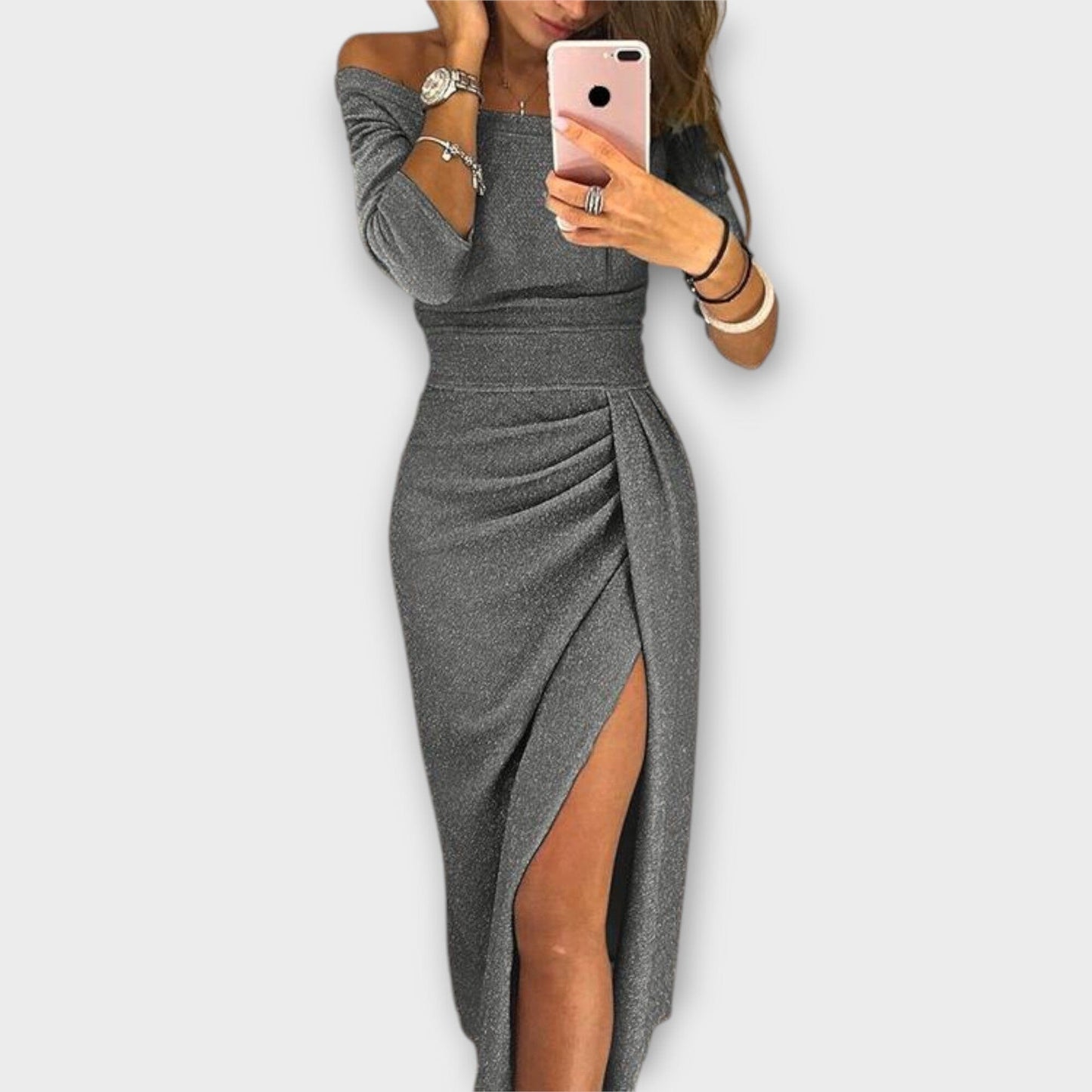 Lena – Elegante vestido off-shoulder Lena – Elegante vestido off-shoulder A minha loja Grau S 
