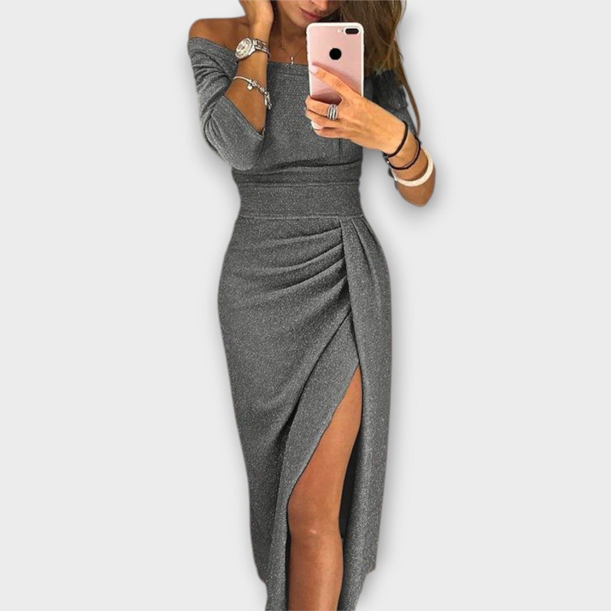 Lena – Elegante vestido off-shoulder Lena – Elegante vestido off-shoulder A minha loja Grau S 