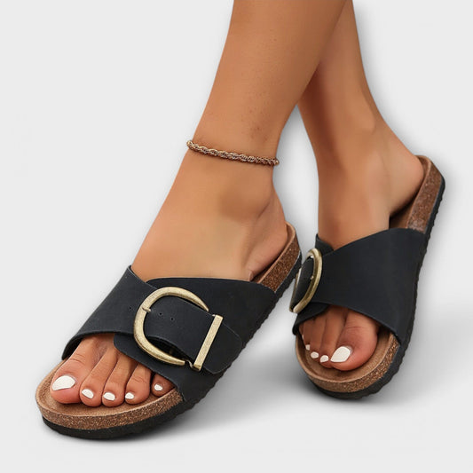 Margie – Sandalias tipo pantufla de corcho para mujer con diseño de hebilla Margie – Sandalias tipo pantufla de corcho para mujer con diseño de hebilla A minha loja Negro 35 