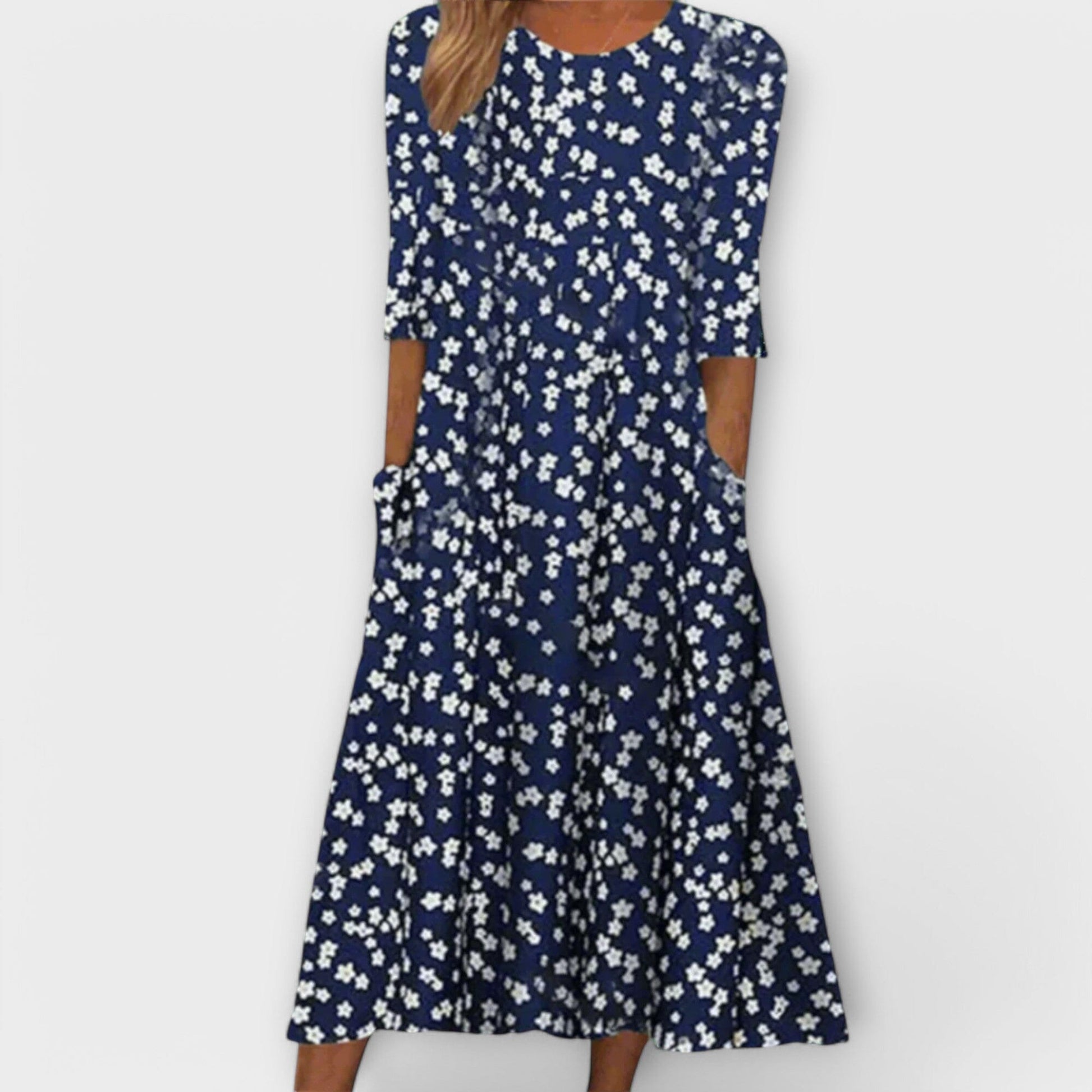 Paula – Elegante vestido floral de tejido premium Paula – Elegante vestido floral de tejido premium A minha loja Azul S 
