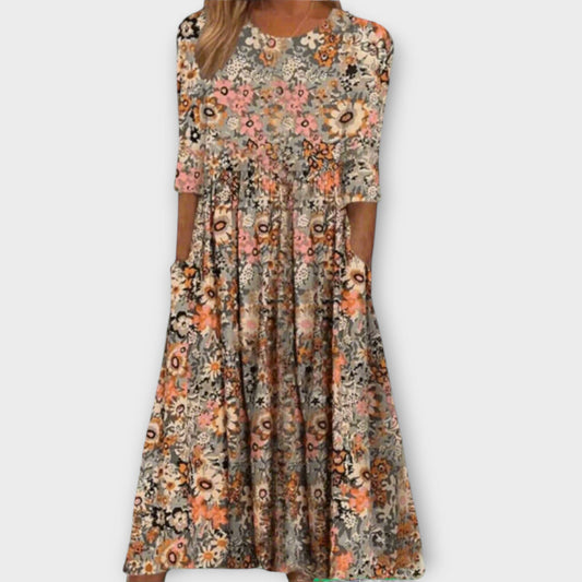 Paula – Elegante vestido floral de tejido premium Paula – Elegante vestido floral de tejido premium A minha loja Beige S 