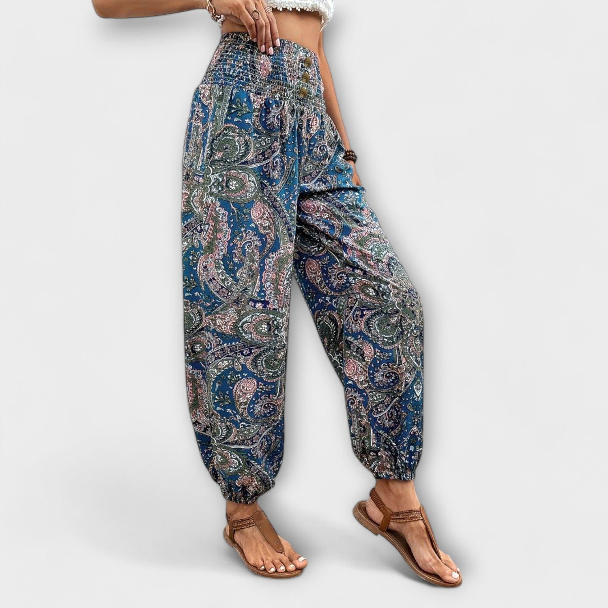 Scarlett – Pantalón con gráfico étnico Scarlett – Pantalón con gráfico étnico A minha loja Azul XS 