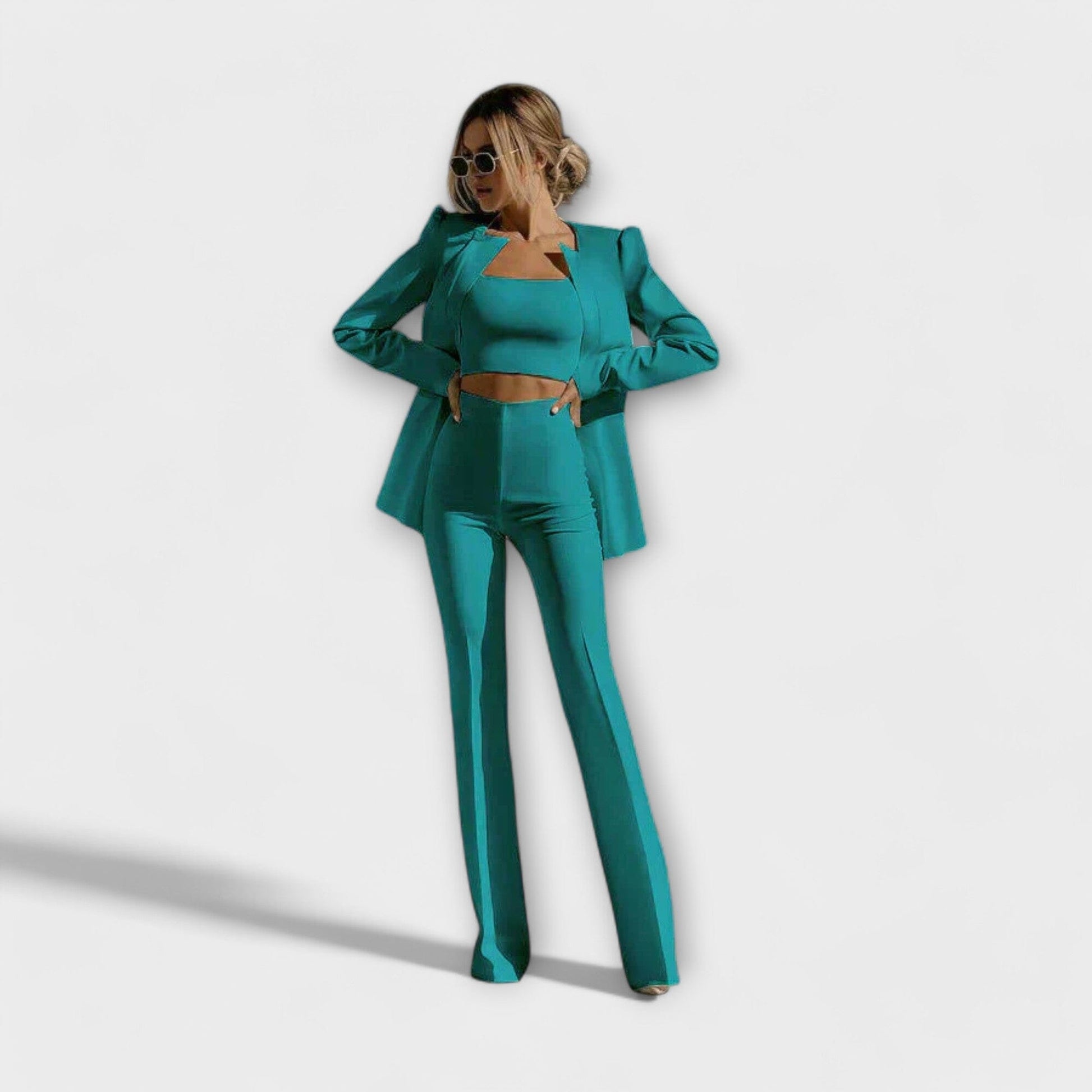Selina – Elegante Conjunto de 3 Piezas (Blazer, Top, Pantalón) Selina – Elegante Conjunto de 3 Piezas (Blazer, Top, Pantalón) A minha loja Verde S 